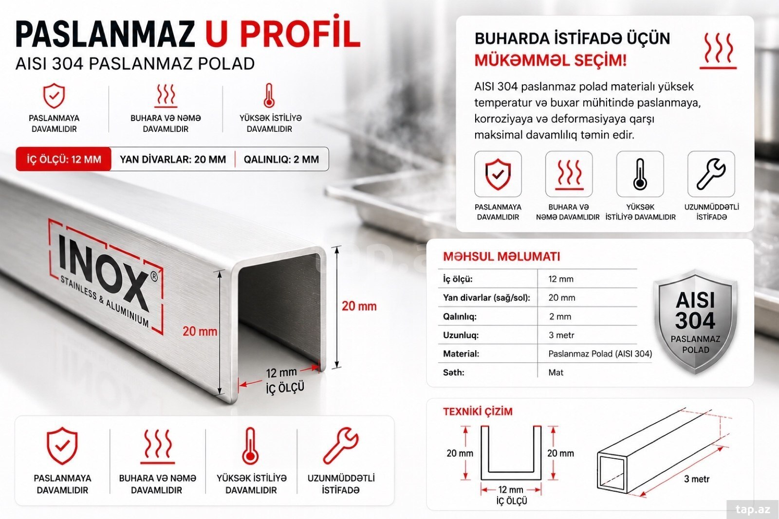 PASLANMAZ U PROFİL 20/20/12/2mm