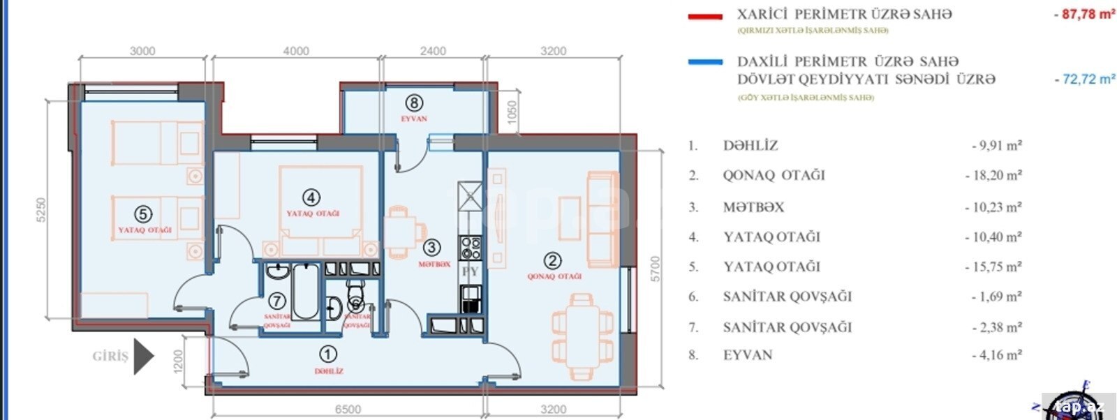 3-otaqlı yeni tikili kirayə verilir, Yasamal r., 72.72 m² (16)