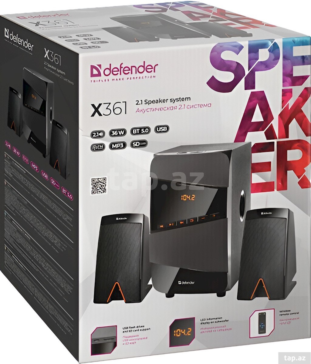 Defender SPK-X361 2.1 Speaker system, 36W, BT/FM/MP3/SD/USB/LED/RC — 1