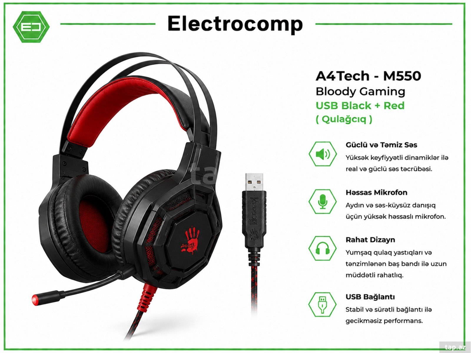 Qulaqlıq A4Tech M550 Bloody Gaming USB (Black + Red)