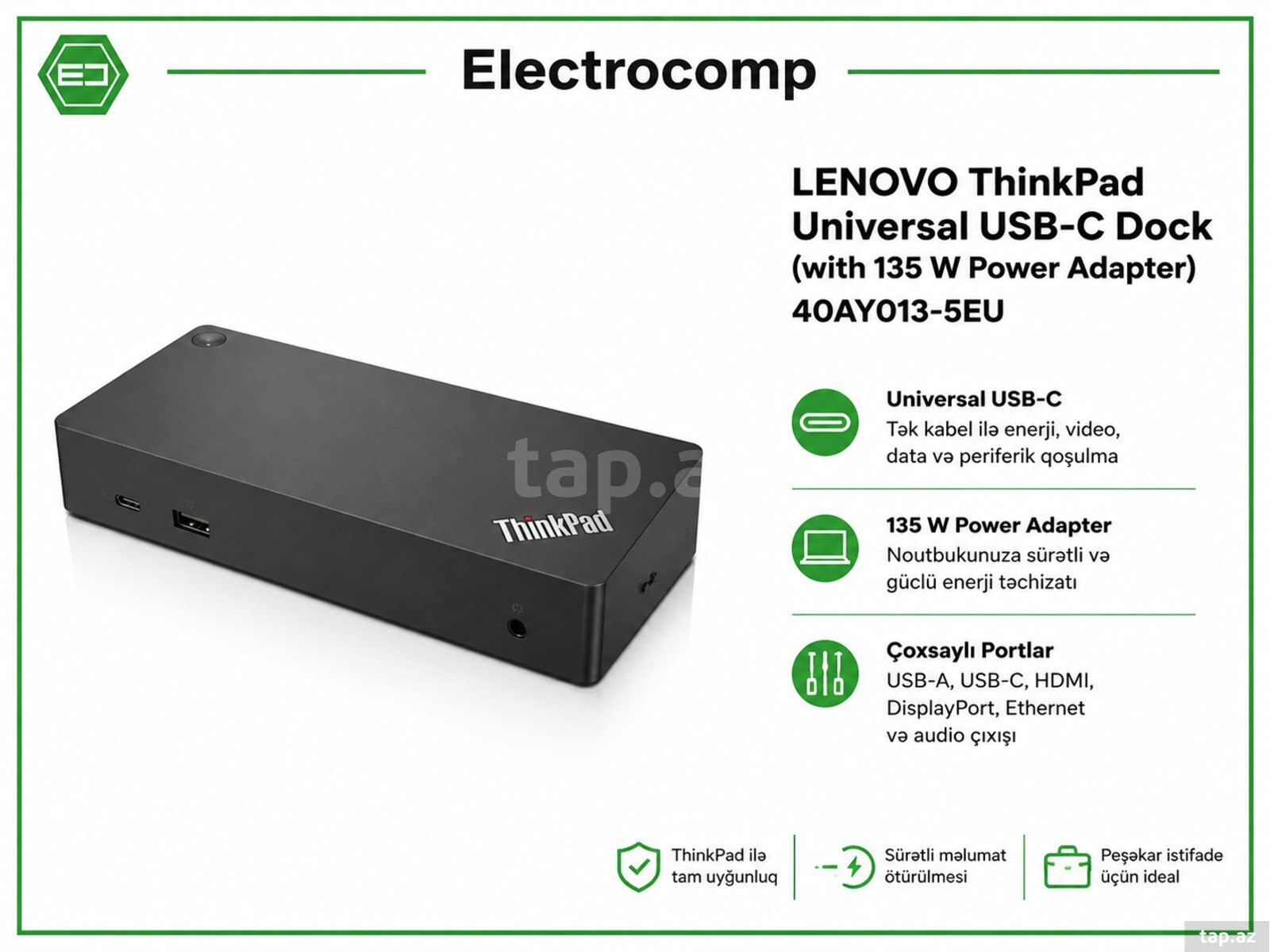 LENOVO ThinkPad Universal USB-C Dock (with 135W Power Adapter) – 40AY013-5EU