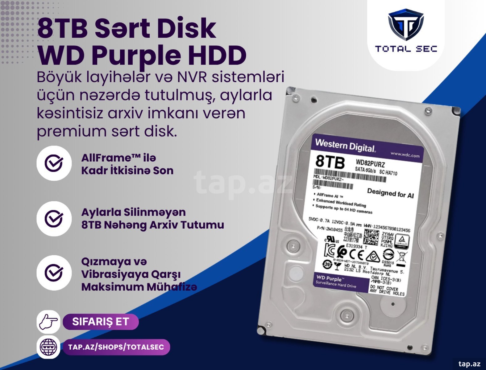 WD Purple 8TB Sərt Disk (Videomüşahidə və Hikvision DVR/NVR üçün xüsusi)