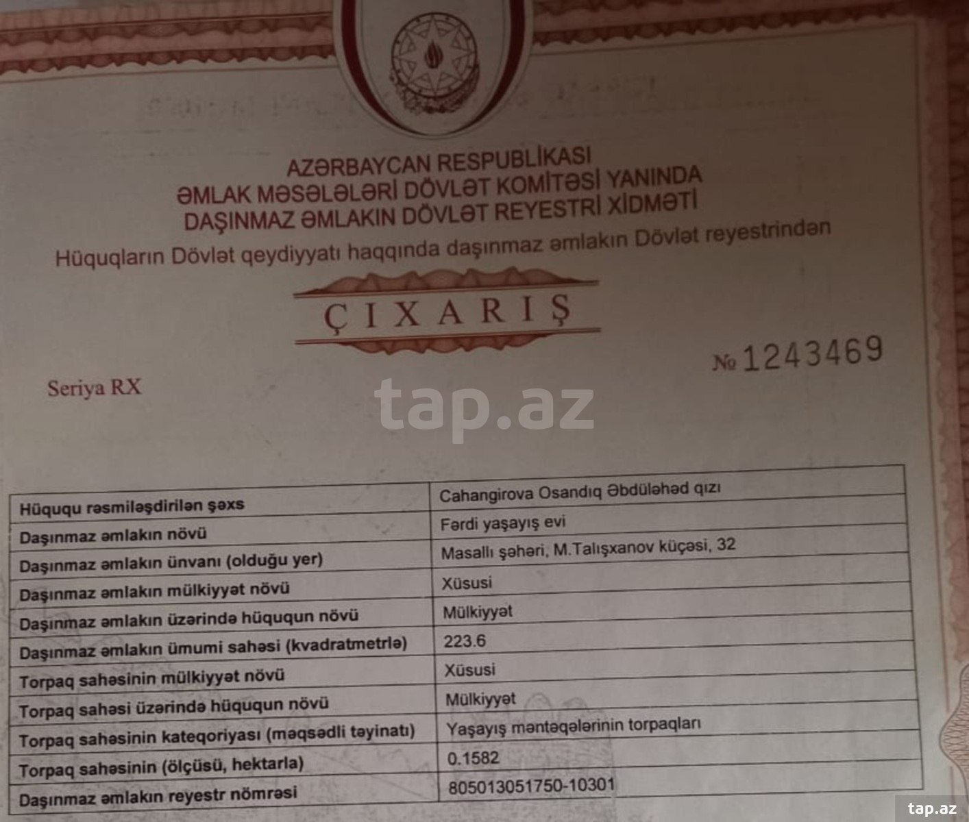 15.82 sot torpaq sahəsi, Masallı r.