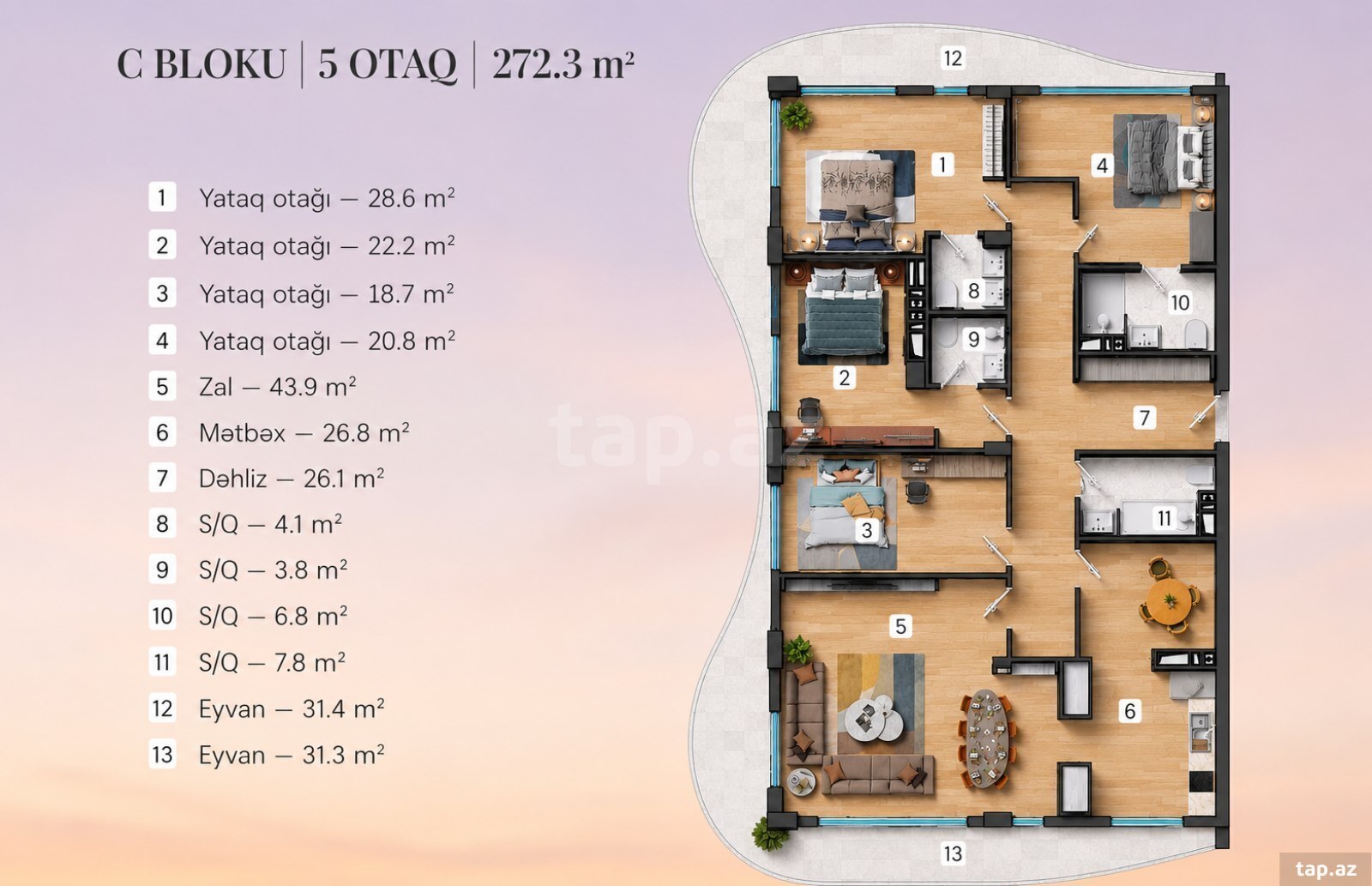 5-otaqlı yeni tikili, Gənclik m., 272 m²