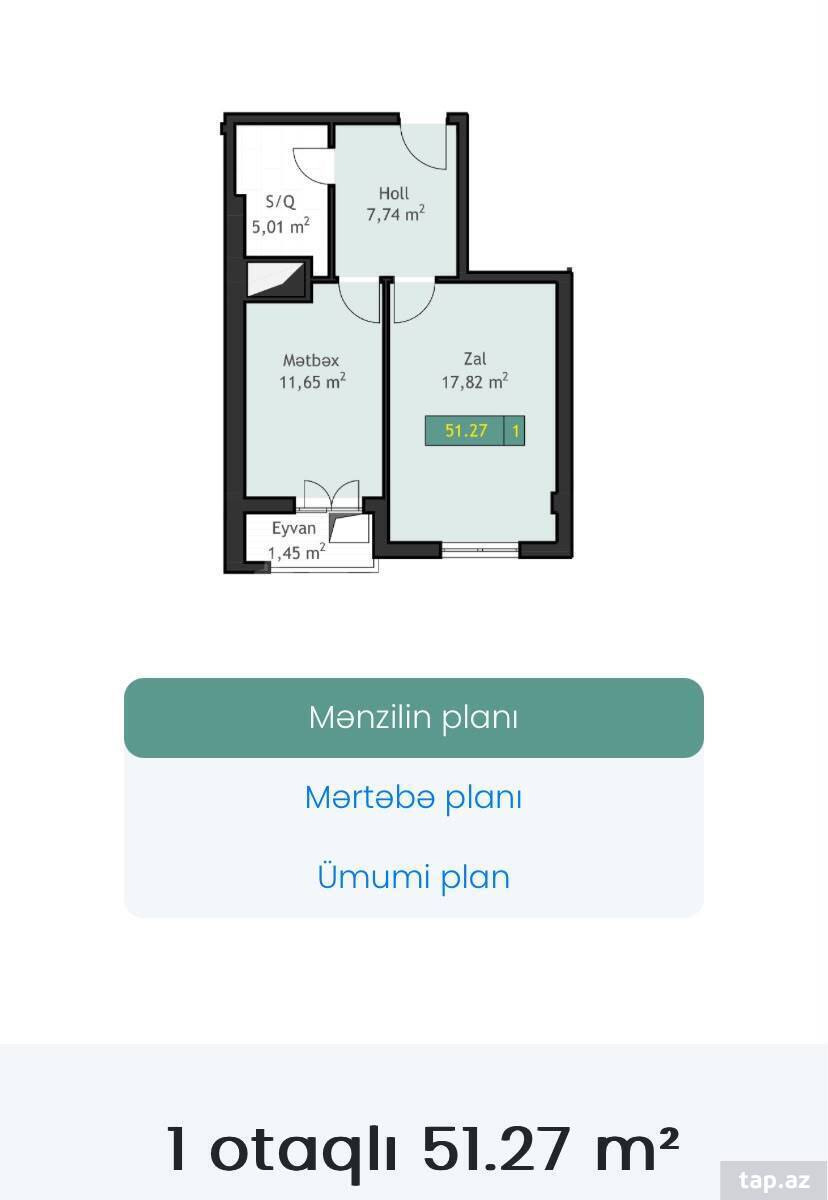 2-otaqlı yeni tikili, Binəqədi r., 51.3 m²