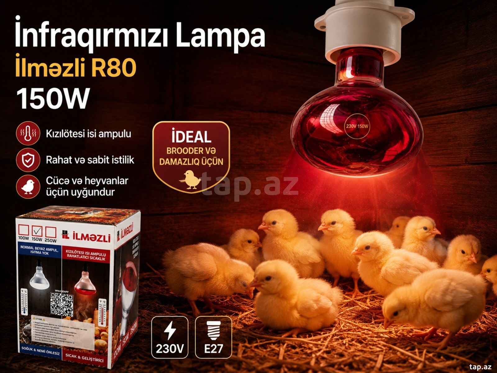 İnfraqırmızı lampa 150W İlməzli R80 – Cücə və Heyvan Qızdırıcı (Yeni)