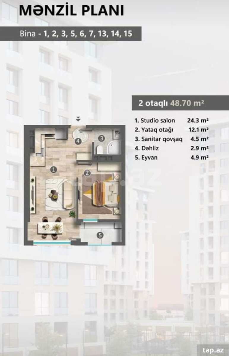 2-otaqlı yeni tikili, Sumqayıt ş., 48.7 m²