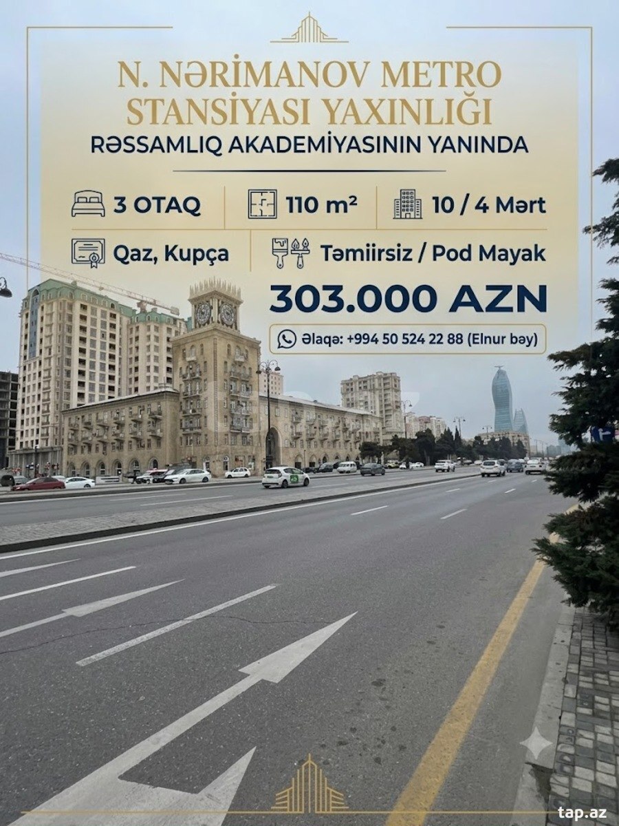 3-otaqlı yeni tikili, N.Nərimanov m., 110 m²