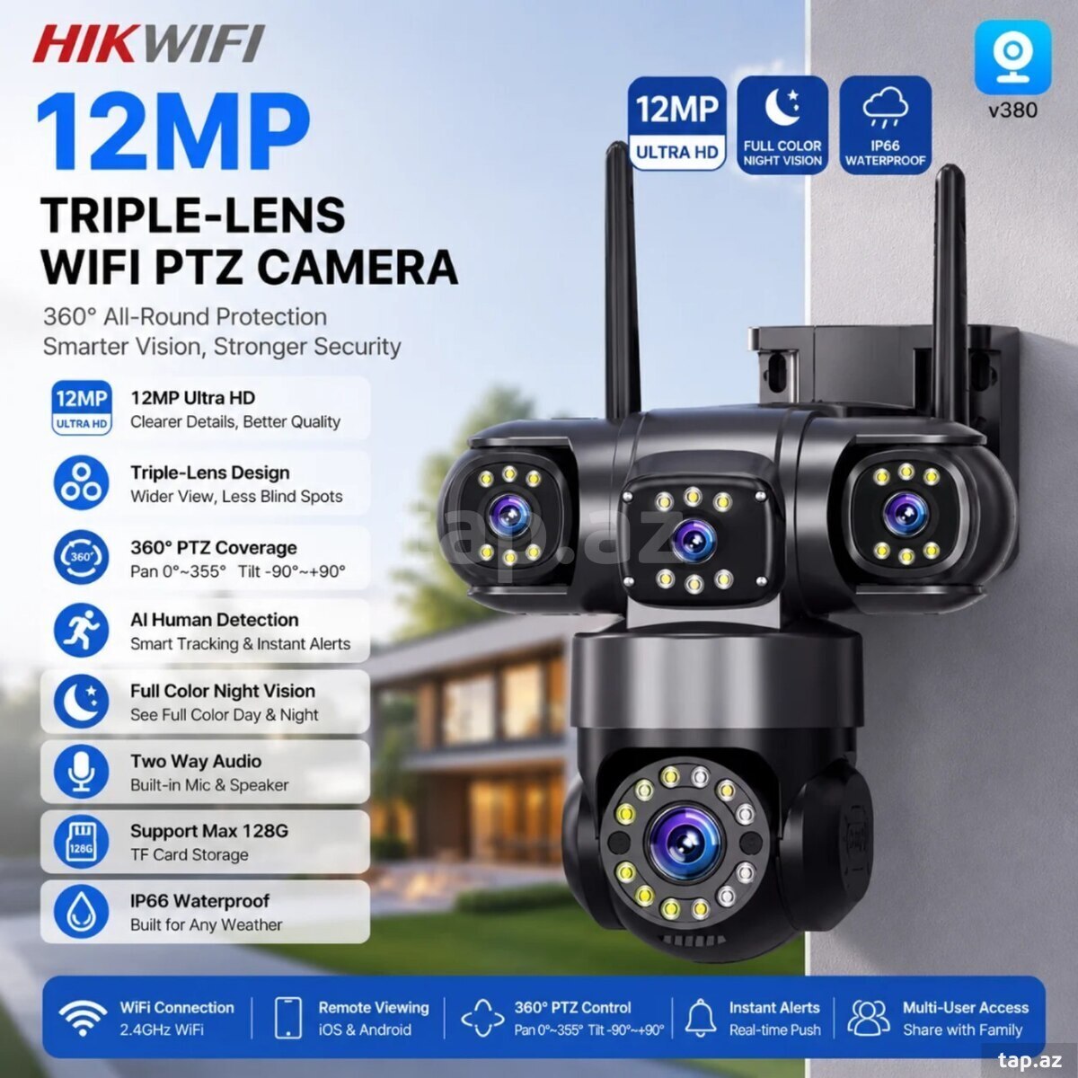 3 kamera WiFi simsiz ptz360° 12mp/4k