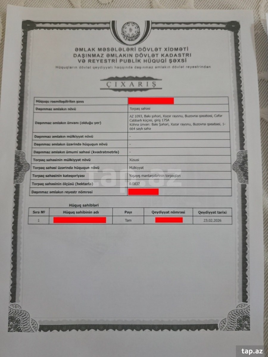 8.4 sot torpaq sahəsi, Buzovna qəs.