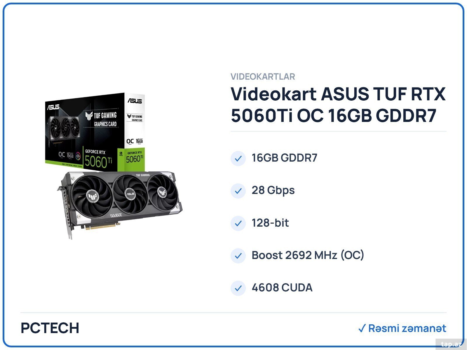 Videokart ASUS TUF RTX 5060Ti OC 16GB GDDR7 (90YV0MG0-M0NA00)