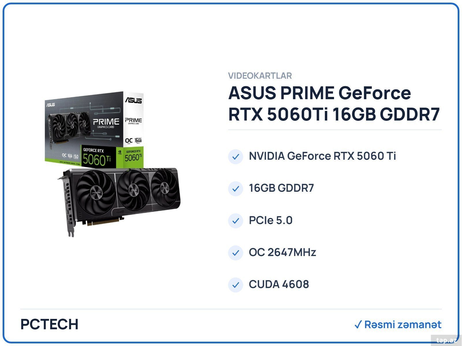 ASUS PRIME GeForce RTX 5060Ti 16GB GDDR7 OC Edition (PRIME-RTX5060TI-O16G)