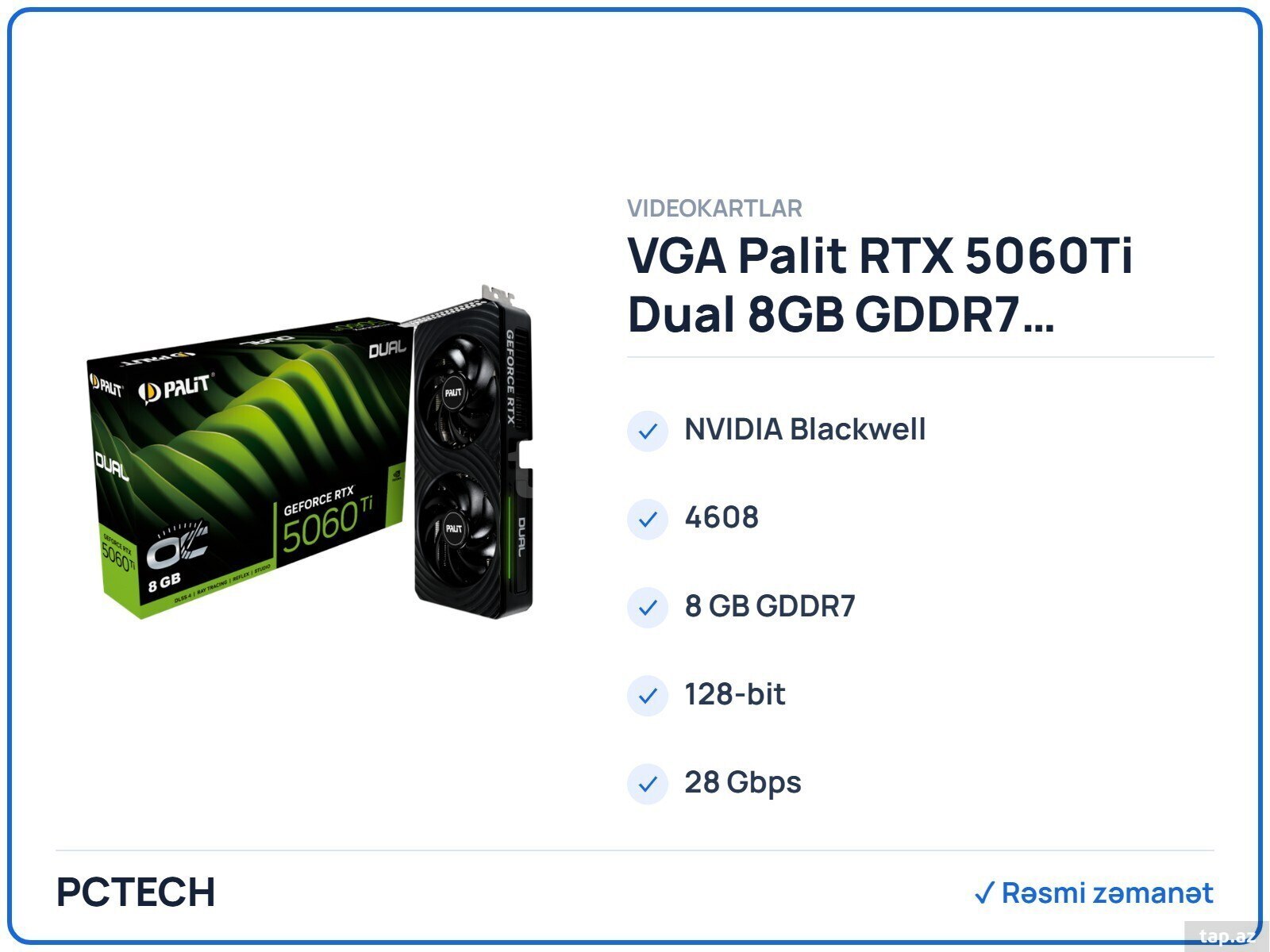VGA Palit RTX 5060Ti Dual 8GB GDDR7 (NE7506T019P1-GB2062D)