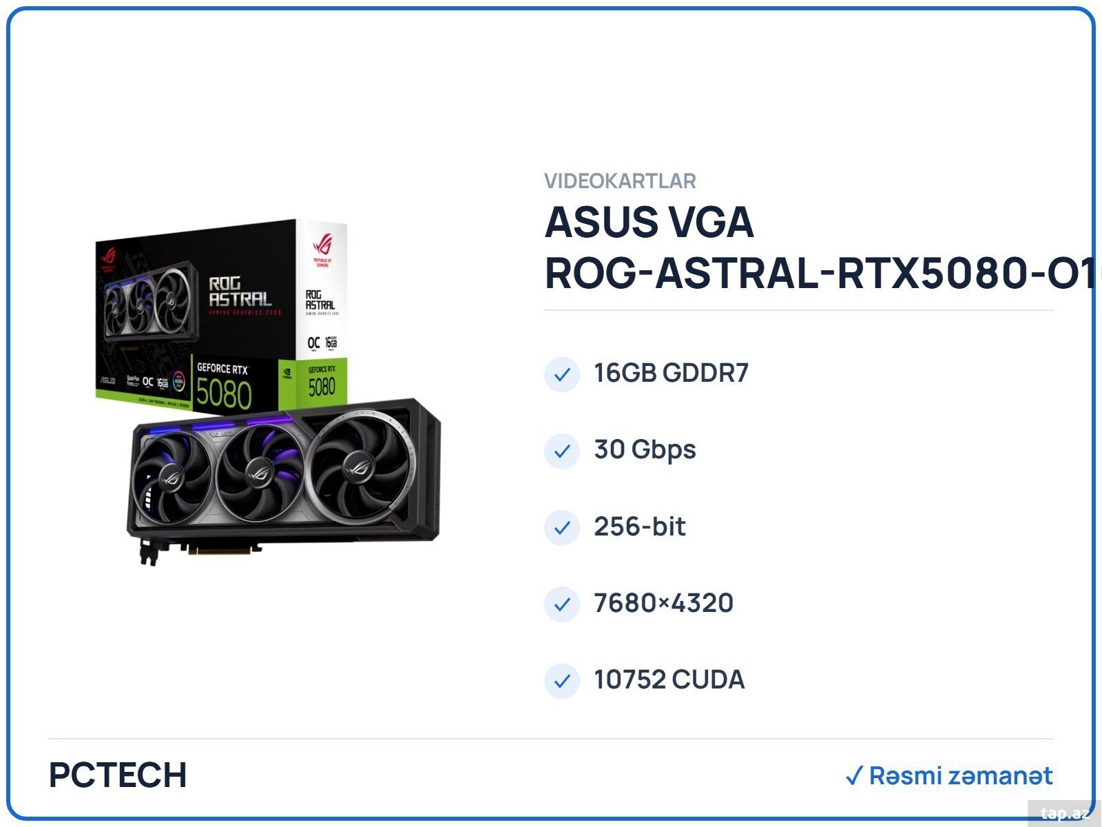 ASUS VGA ROG-ASTRAL-RTX5080-O16G-GAMING / RTX 5080 / 16GB GDDR7 Black (90YV0LV0-M0NA00)