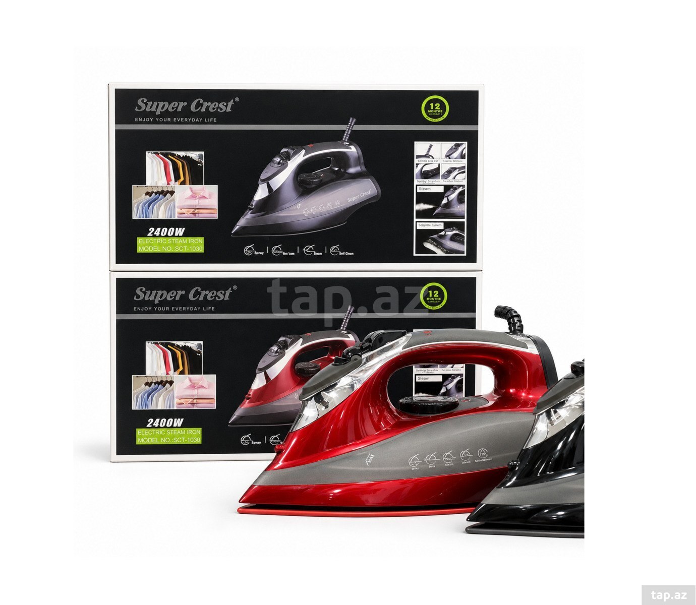 Buxarlı ütü Super Crest SCT-1030 — 3200 W, 390 ml, keramika altlıq — 1