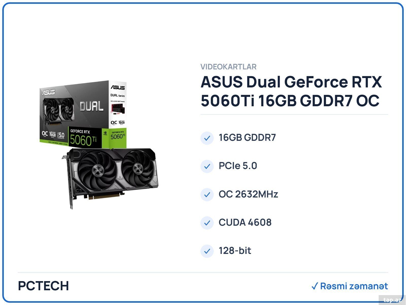 ASUS Dual GeForce RTX 5060Ti 16GB GDDR7 OC Edition (90YV0MH0-M0NA00)