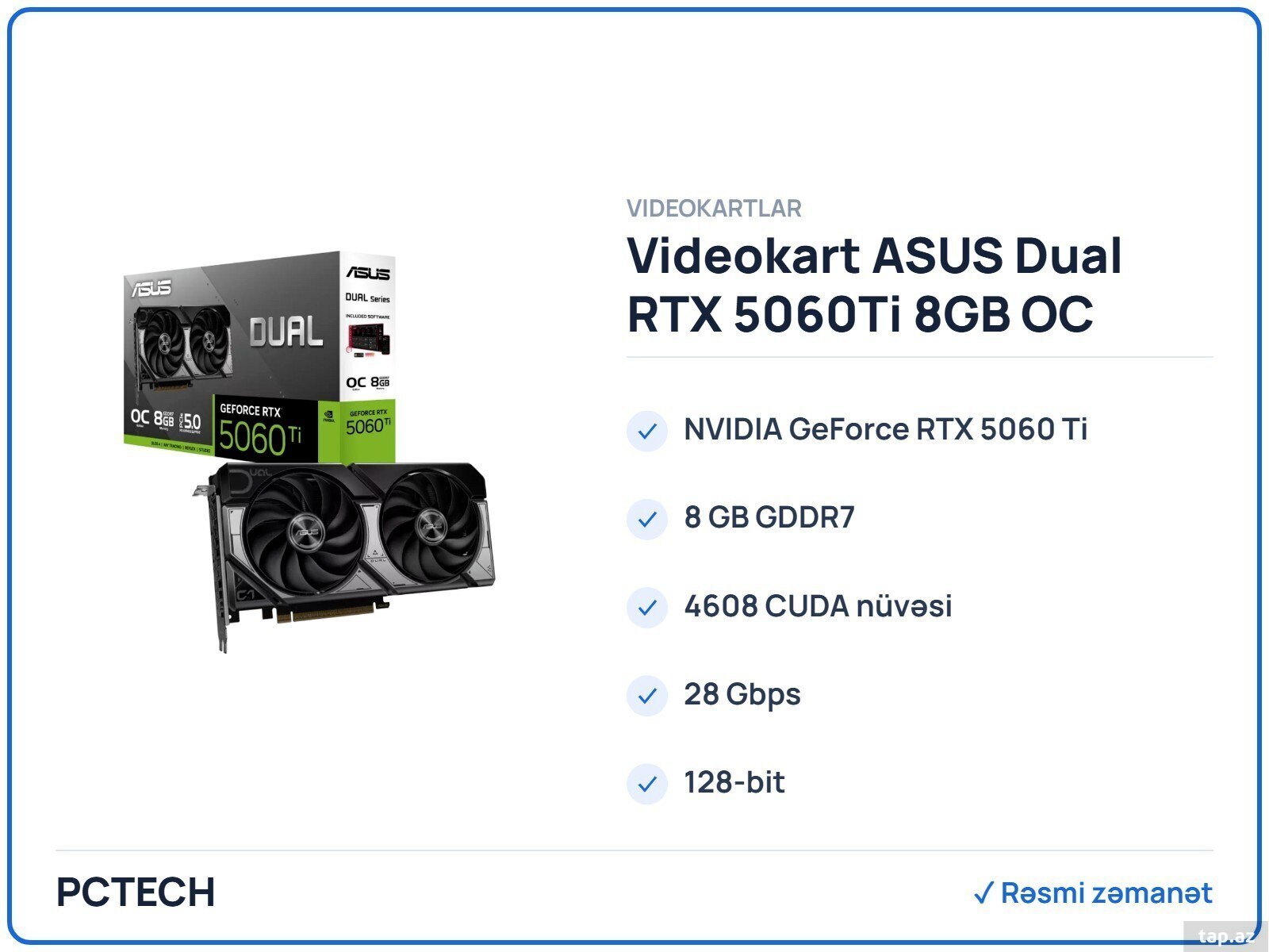Videokart ASUS Dual RTX 5060Ti 8GB OC Edition (90YV0MP2-M0NA00)