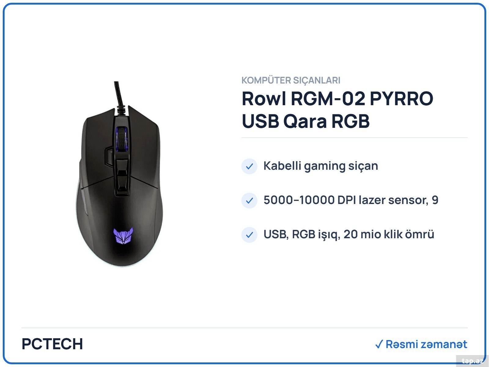 Rowl RGM-02 PYRRO USB Qara RGB Aydınlatmalı 10000DPI" Gaming mouse (PYRRO RGM-02)
