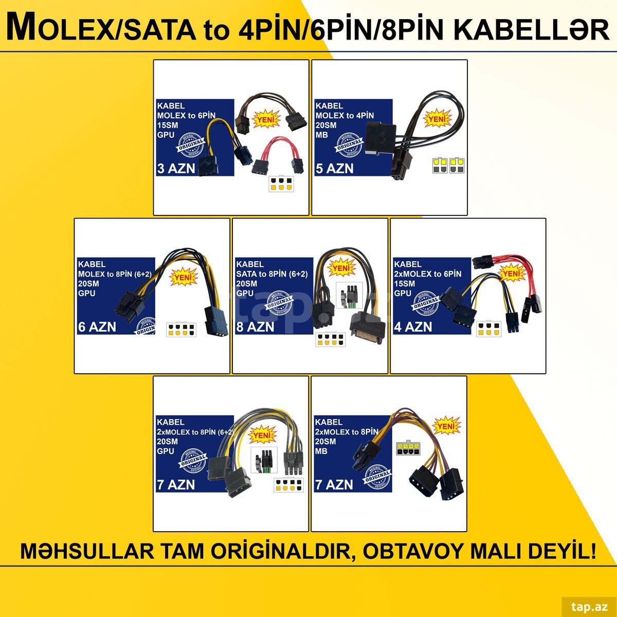 Kabellər "MOLEX/SATA to 4PİN/6PİN/8PİN Original"
