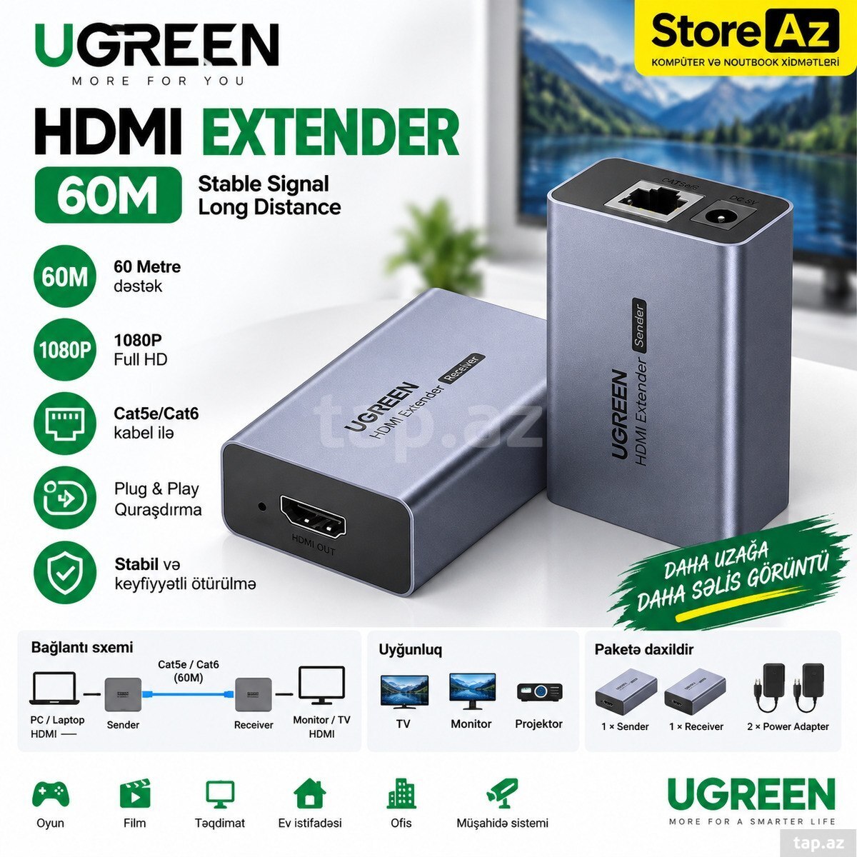 Ethernet üzərindən HDMI görüntü ötürücü "UGREEN 90811EU (CM609)"