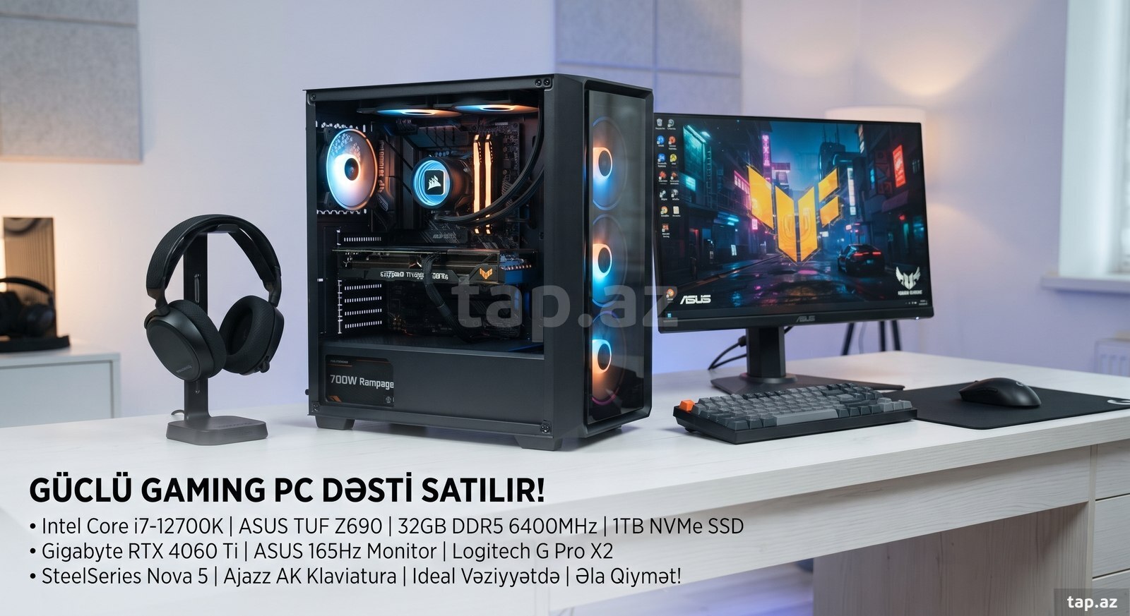 Gaming PC Dəsti + PUBG Steam Hesabı | i7-12700K | RTX 4060 Ti | 32GB RAM | Full Dəst