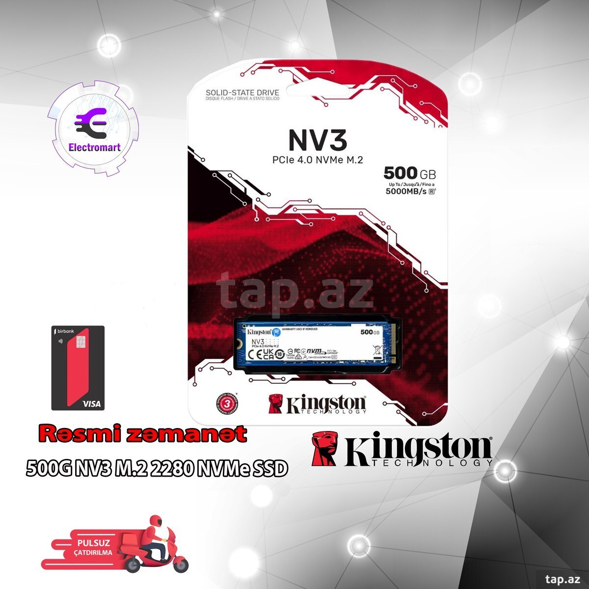 SSD yığıcı Kingston 500G NV3 M.2 2280 NVMe SSD (SNV3S/500G)