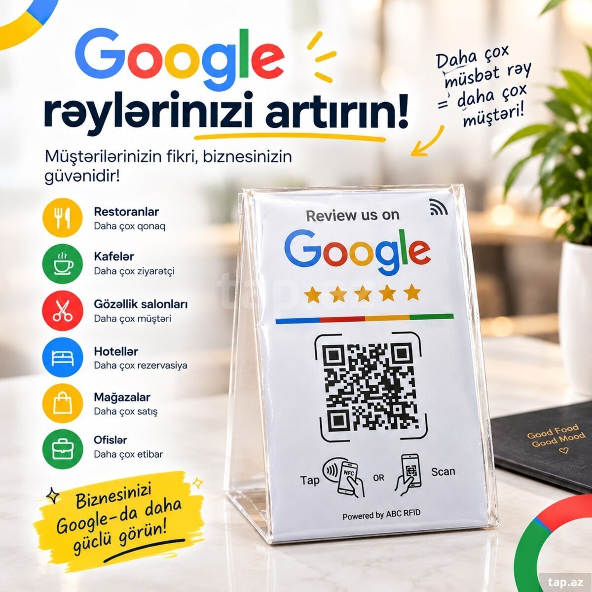 Google Maps rəy kartı (NFC və QR kodlu)