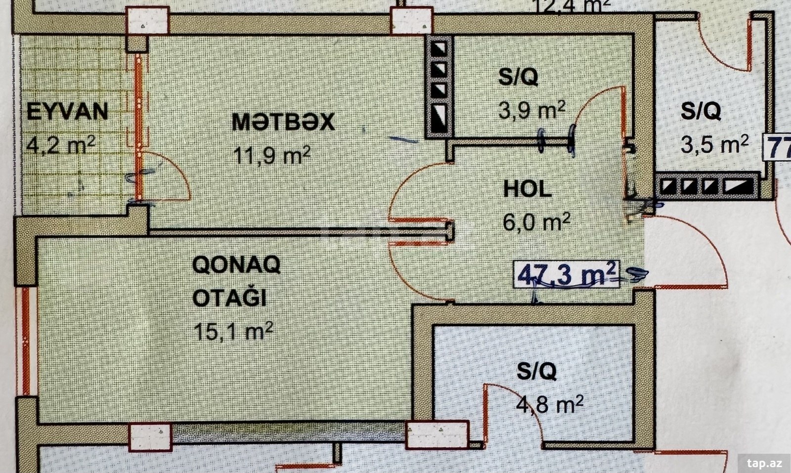 1-otaqlı yeni tikili, Xırdalan ş., 47.3 m²