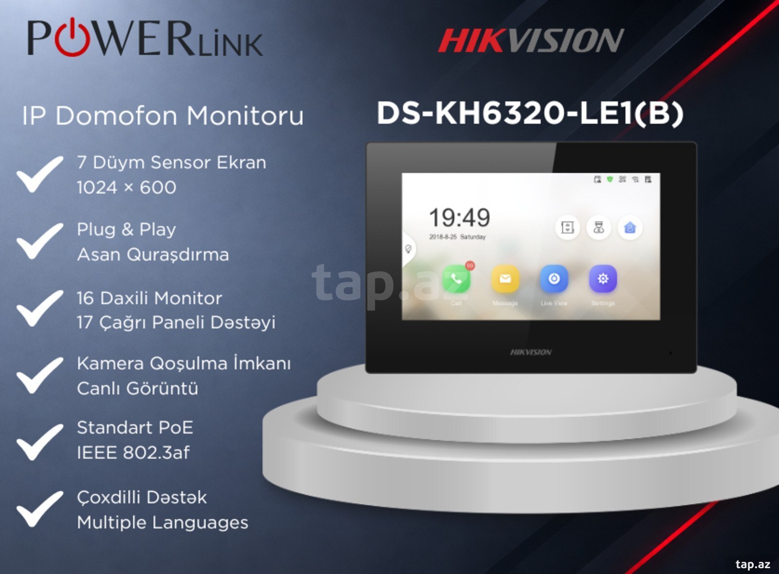 Hikvision DS-KH6320-LE1(B) 7 Düym Sensor IP Video Domofon Monitoru (Qara)