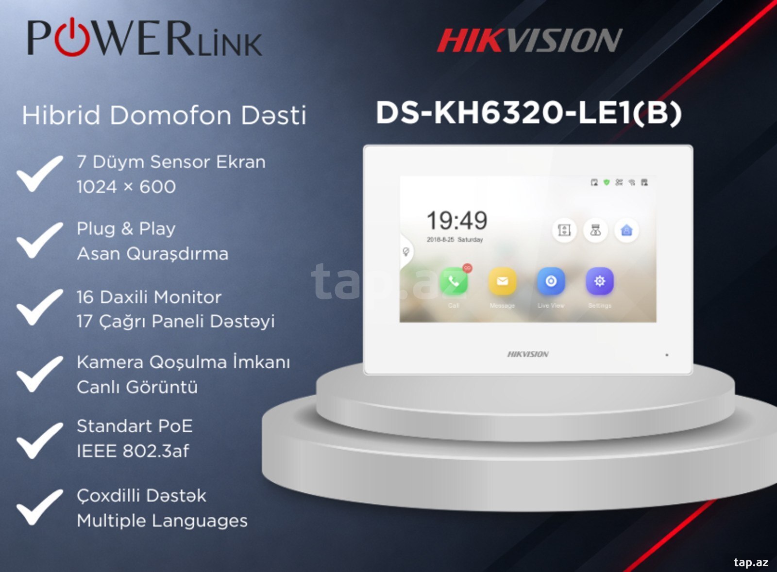 Hikvision DS-KH6320-LE1(B) 7 Düym Sensor IP Video Domofon Monitoru (Ağ)