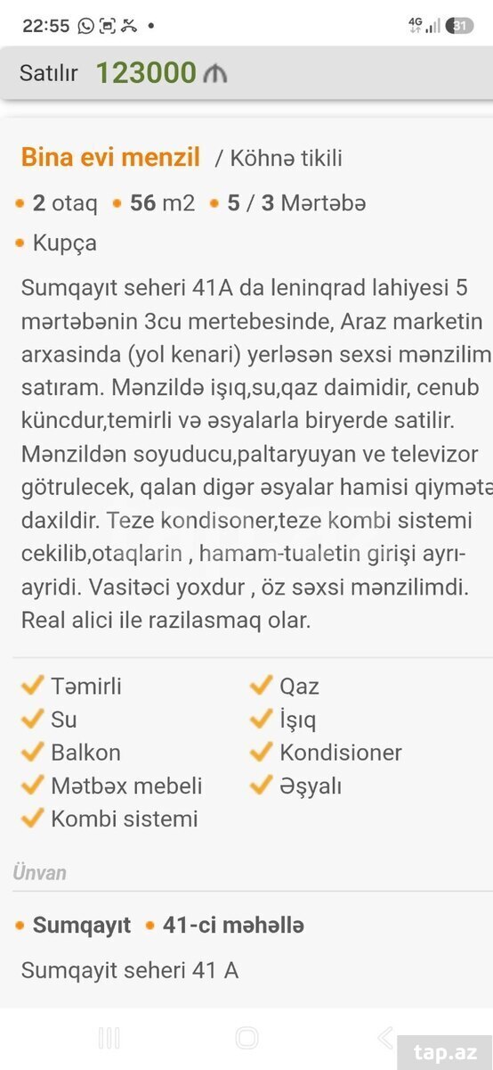 2-otaqlı mənzil, Sumqayıt ş., 56 m²