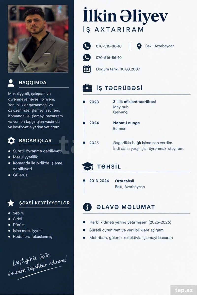 Ofisiant işi axtarıram