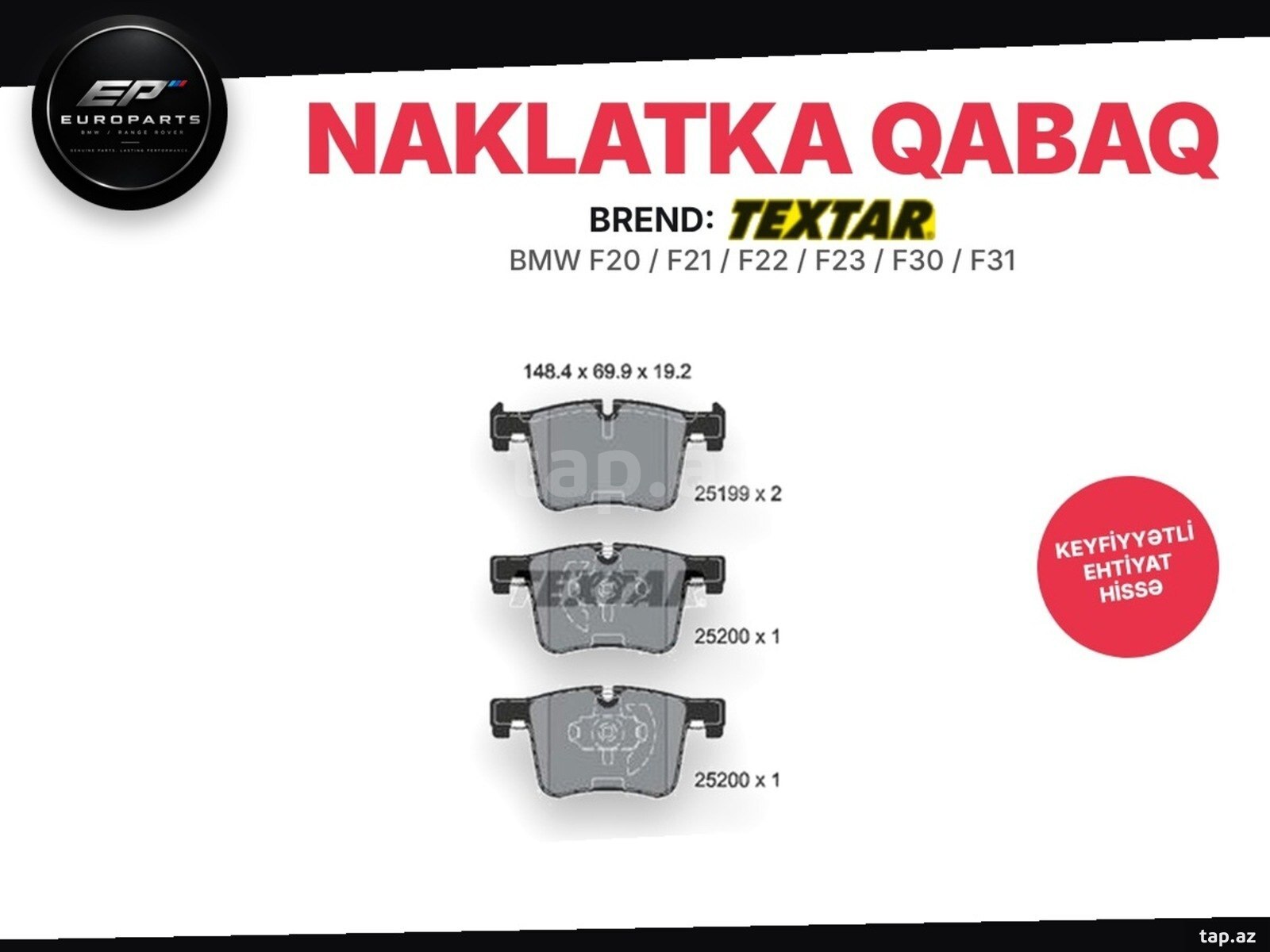 BMW F20, F30, F32, F34 qabaq əyləc bəndləri TEXTAR