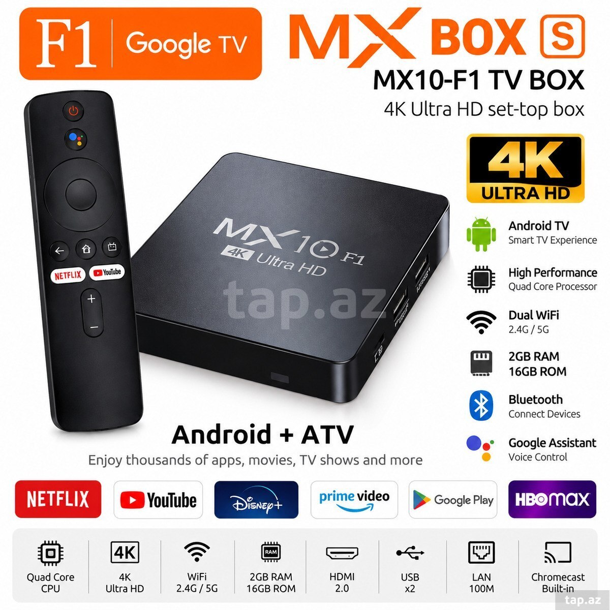 MX10 F1 Smart TV Box 4K - 2GB RAM / 16GB