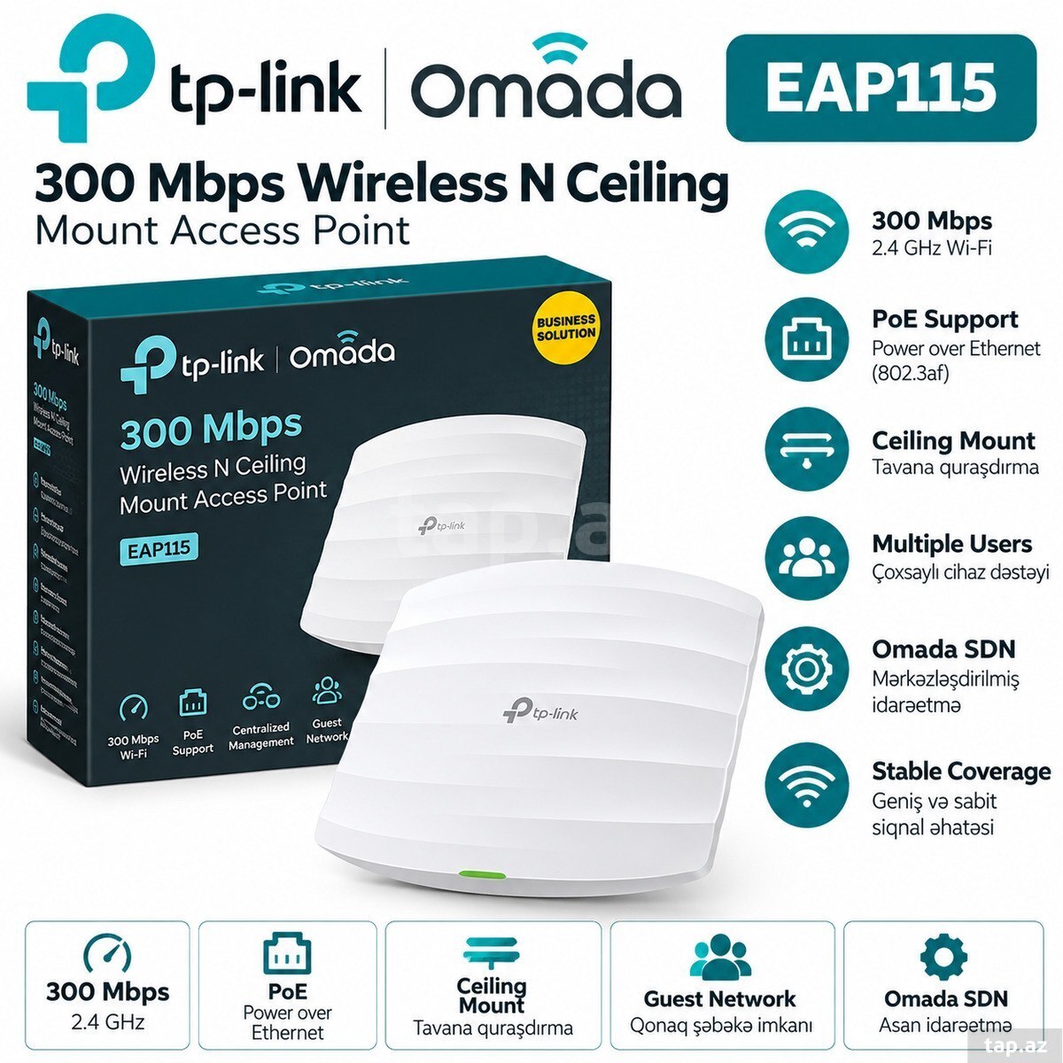 Wi-Fi paylayıcı TP-Link EAP115 300 Mbps PoE