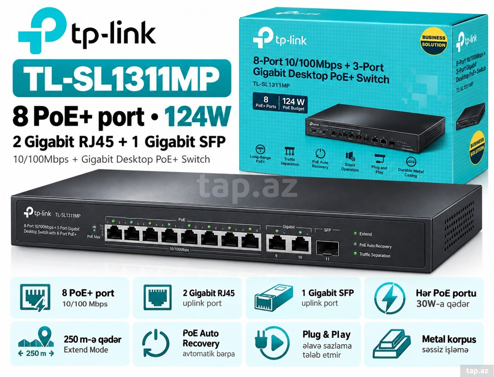Şəbəkə Kommutatoru TP-Link TL-SL1311MP 8 Port PoE+ 124W