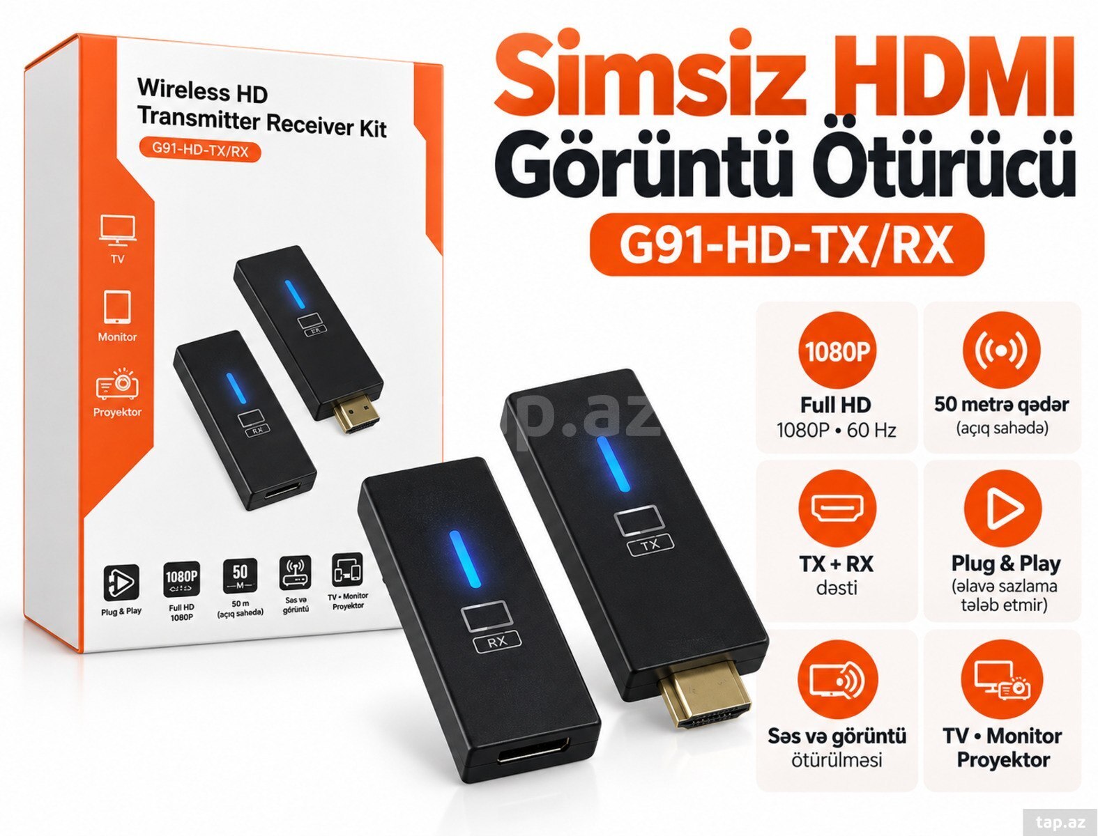 Simsiz HDMI Görüntü Ötürücü və Qəbuledici 50M Full HD