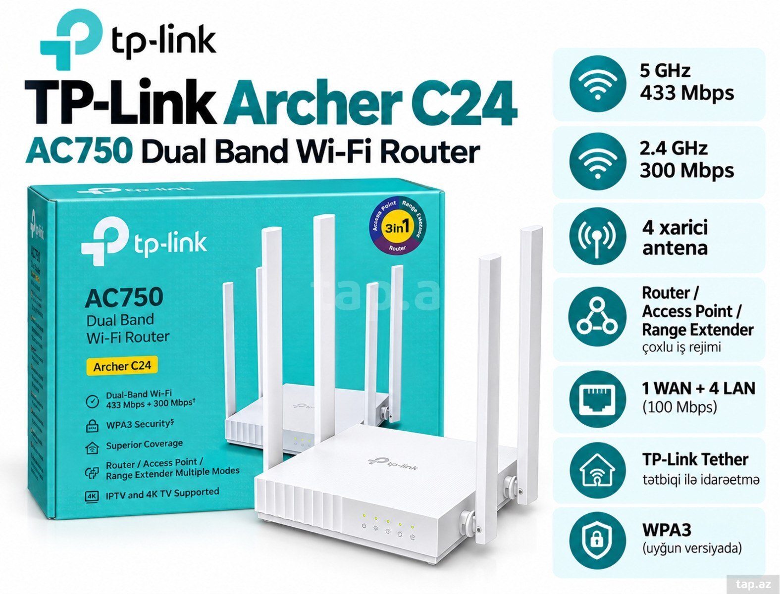 TP-Link Archer C24 AC750 Dual Band Wi-Fi Router (4 Antenalı)