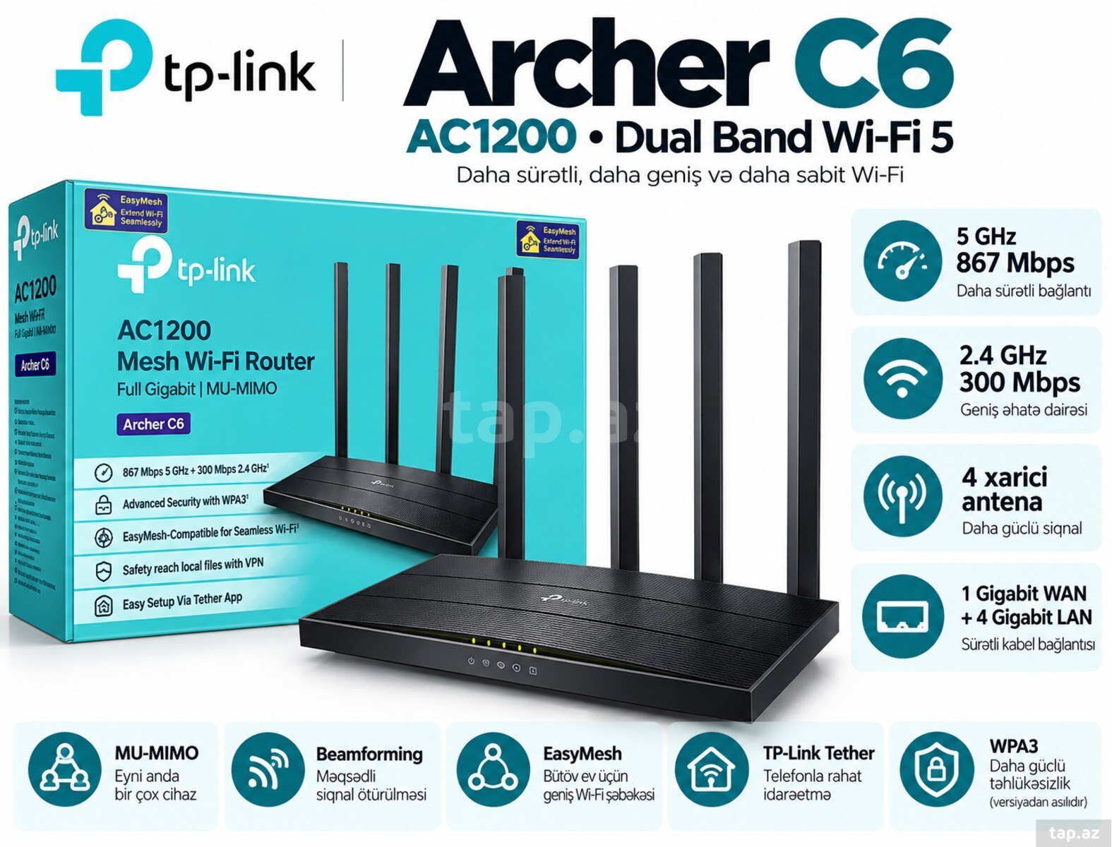 TP-Link Archer C6 AC1200 Gigabit Wi-Fi Router (4 antenalı)