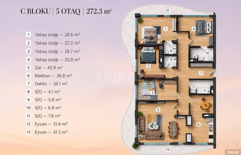 5-otaqlı yeni tikili, Gənclik m., 272 m²