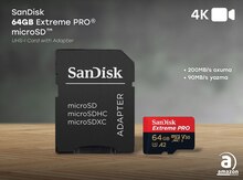 SanDisk 64GB Extreme PRO® microSD™ UHS-I Card with Adapter C10, U3, V30, A2, 200MB/s Read 90MB/s Wri