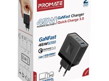 Promate PowerPort-45 45W GaN USB-C USB-A Adapter Black